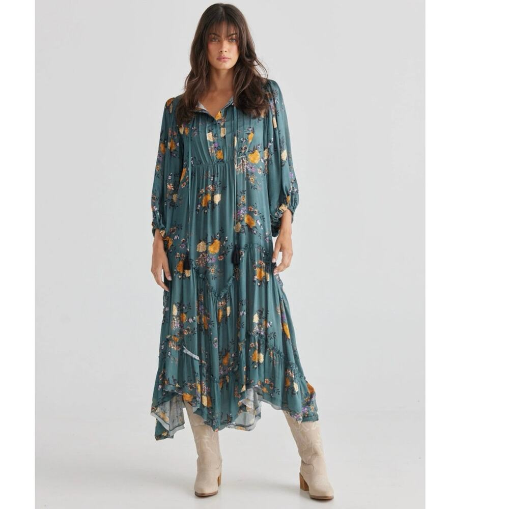 Talisman Sabrina Green Floral Balloon Sleeve Tiered Ruffle Dress Size XS Cottage
